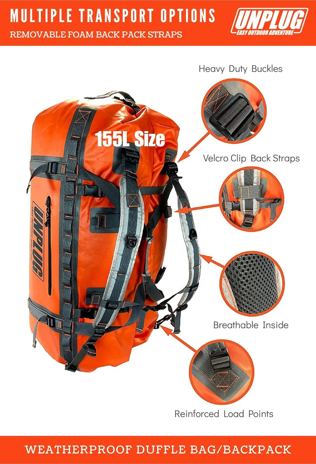 UNPLUG Ultimate Adventure | 1680D Heavy Duty Waterproof Bag | Large Travel Bag Which Can Be Used for Camping, Motorcycling, Boating, or Hunting| 65L Adventure Orange