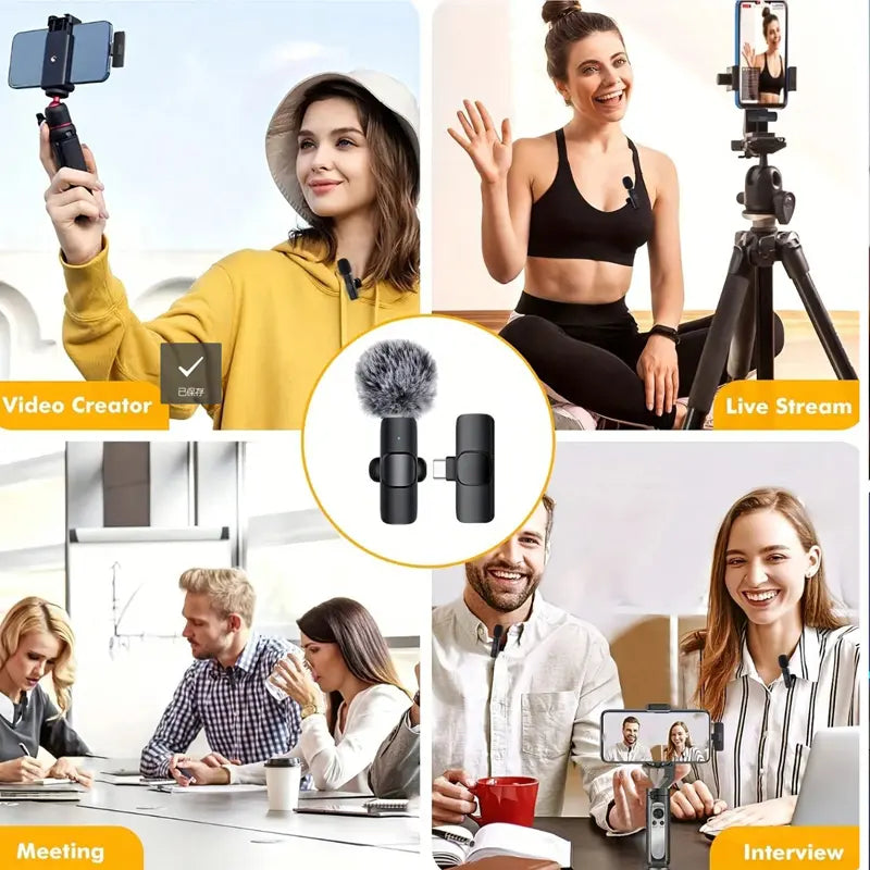Professional Wireless Mini Microphone Set for iPhone/Smartphone - Dual Lapel Microphones with Enhanced Audio Clarity for Video Recording, Interviews, and Vlogs - Noise Reduction and High-Quality Stereo Wireless Vlogging Solution