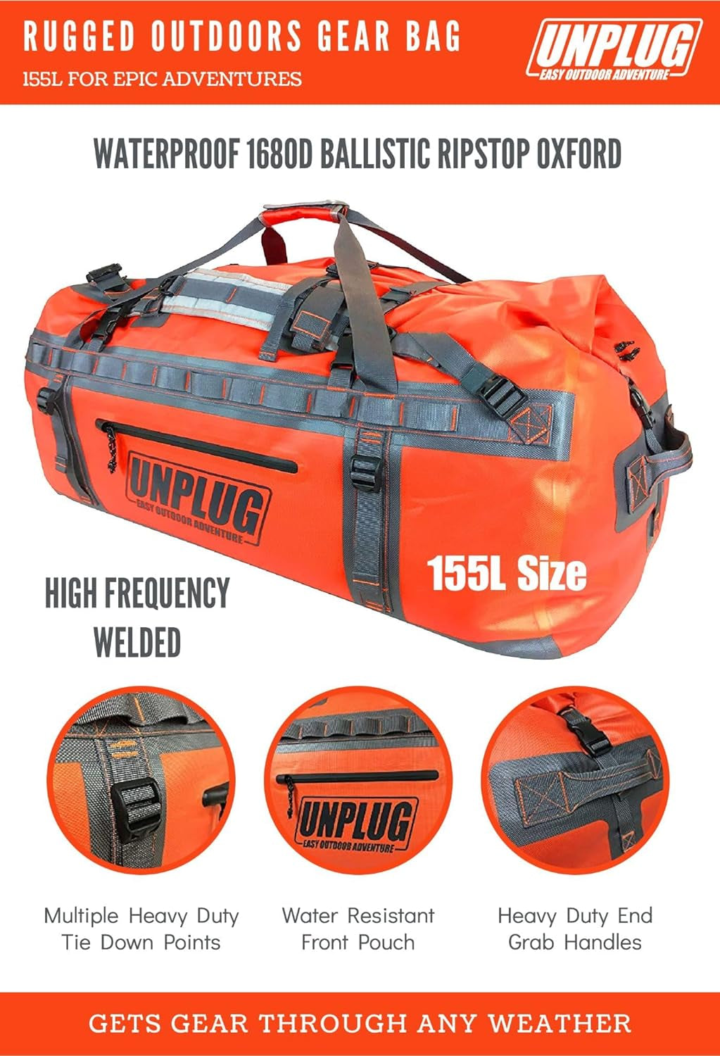 UNPLUG Ultimate Adventure | 1680D Heavy Duty Waterproof Bag | Large Travel Bag Which Can Be Used for Camping, Motorcycling, Boating, or Hunting| 65L Adventure Orange