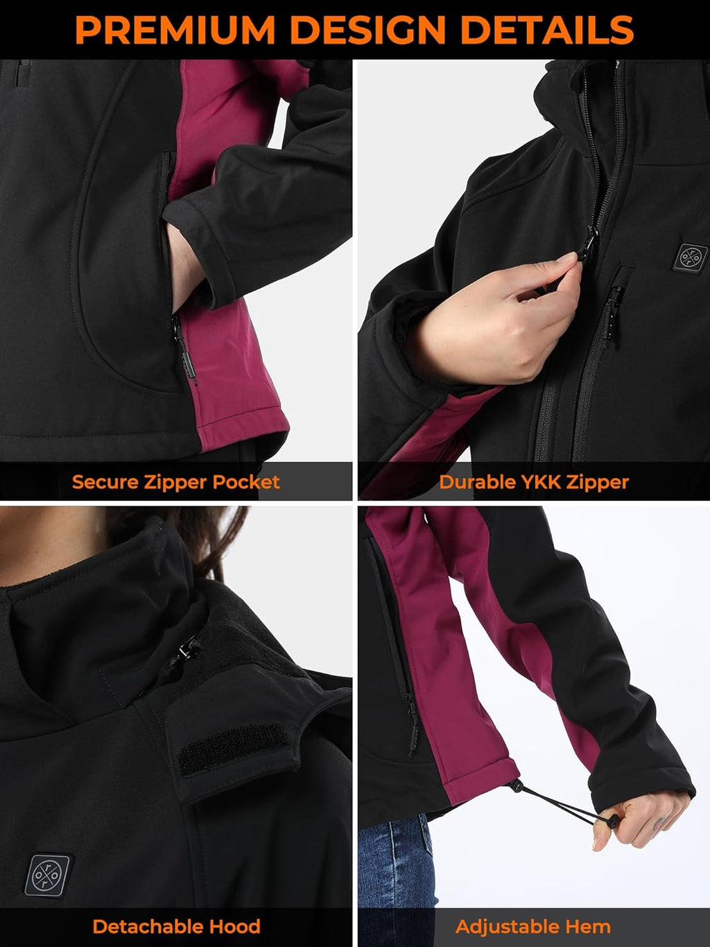 Women'S Slim Fit Heated Jacket with Battery Pack and Detachable Hood (Black/Purple,L)