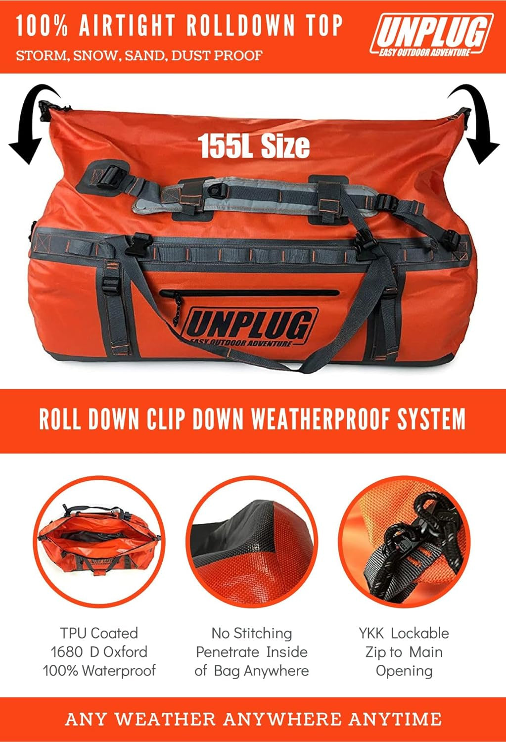 UNPLUG Ultimate Adventure | 1680D Heavy Duty Waterproof Bag | Large Travel Bag Which Can Be Used for Camping, Motorcycling, Boating, or Hunting| 65L Adventure Orange